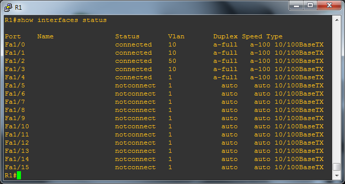 Console showing interface config to check VLAN assignments