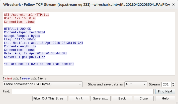 Wireshark view of the curl command created by Burp with no user again or accept header but another rejection message