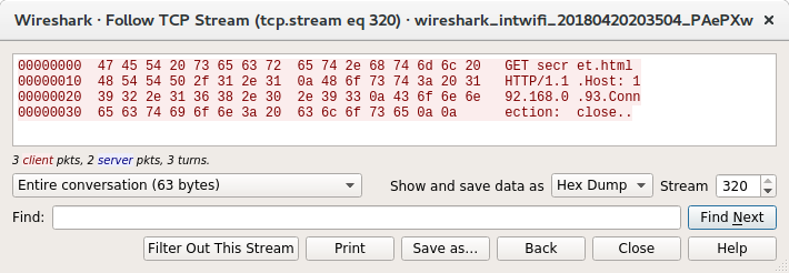 Wireshark showing the Burp request in hex