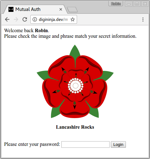A screenshot of a banking mutual authentication page showing a secret picture and phrase.