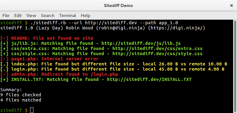 Sitediff running against version 1.0 of the files