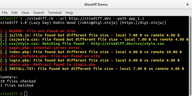 Sitediff running against version 1.1 of the files