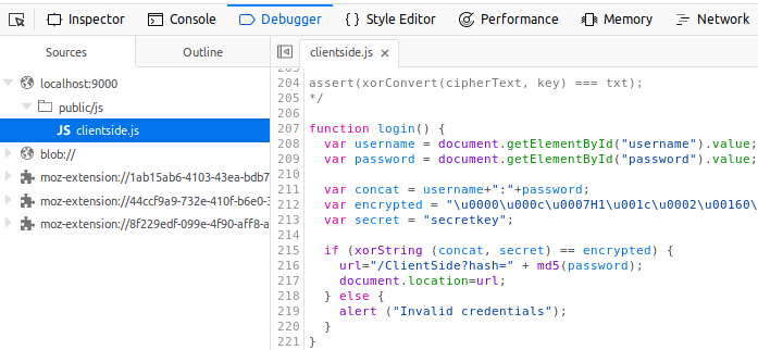 The client side auth JavaScript library open in the browser debugger