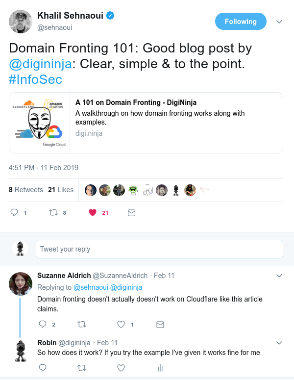 Tweet saying 'Domain fronting doesn't actually doesn't work on Cloudflare like this article claims.'